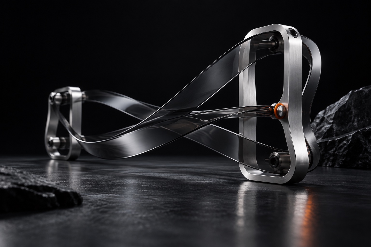 Smoked glass bands moving through precision metal frames